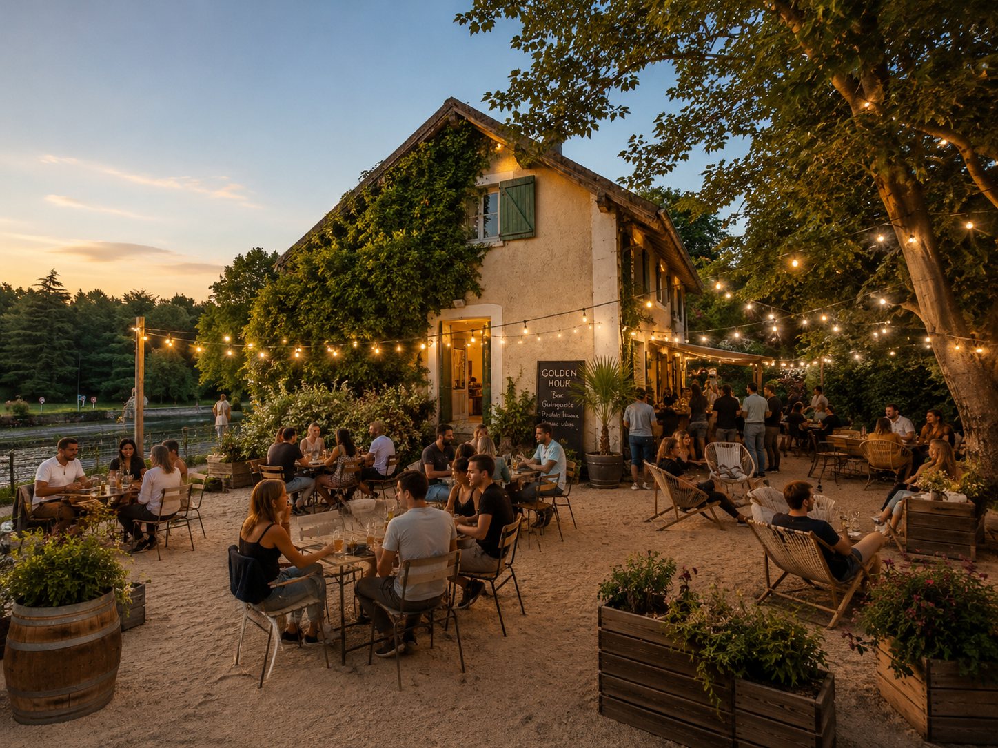 Terrasse de la guinguette au coucher du soleil, guirlandes lumineuses au bord de l'Oise